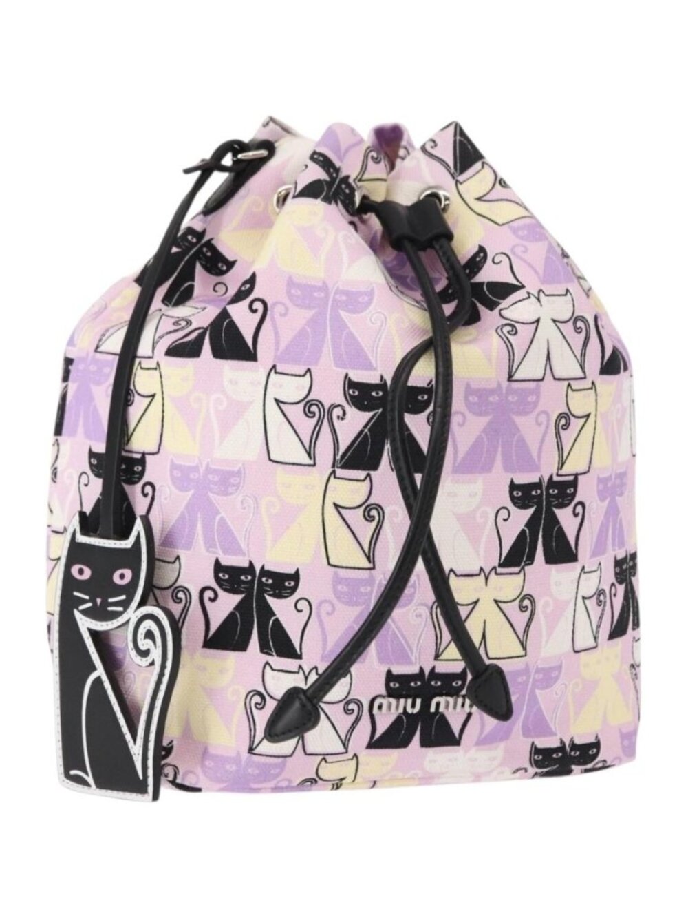 Miu Miu Madras Cat Drawstring Pouch Canvas Pink Silver